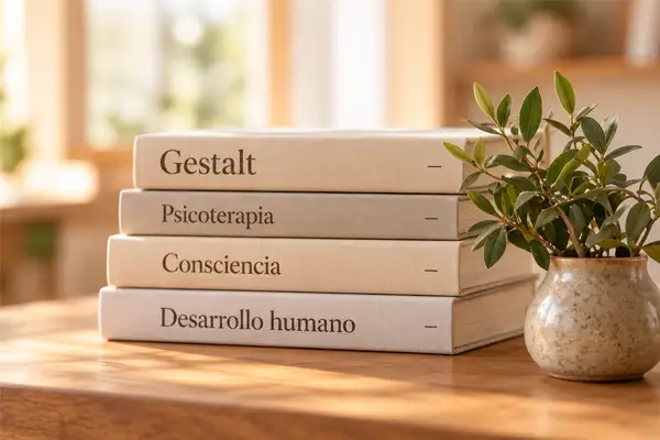 cuatro libros de psicología y terapia gestalt apilados sobre una mesa.