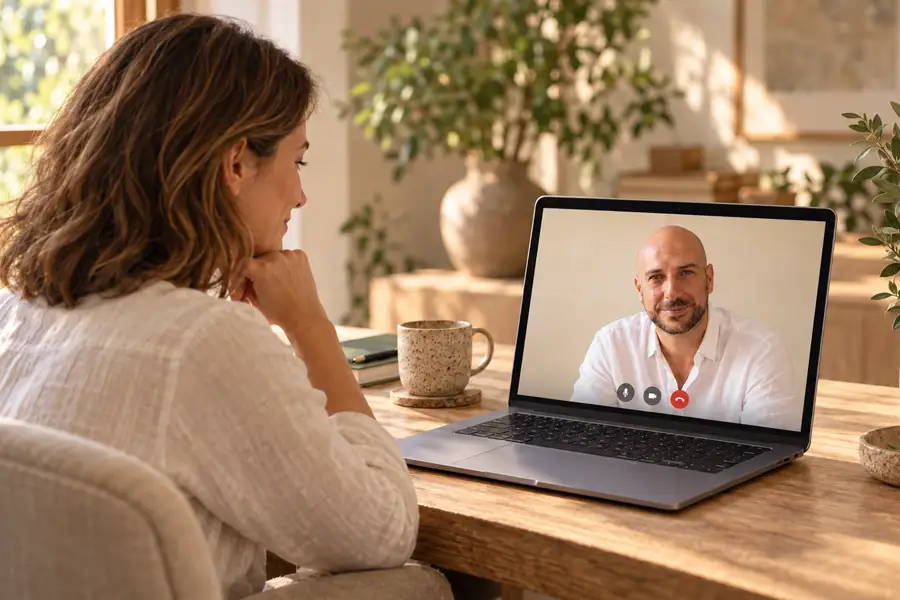 Héctor Salamanca durante una sesión de terapia gestalt online con una paciente