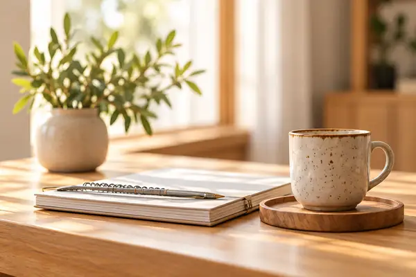una taza de café y un cuaderno sobre una mesa